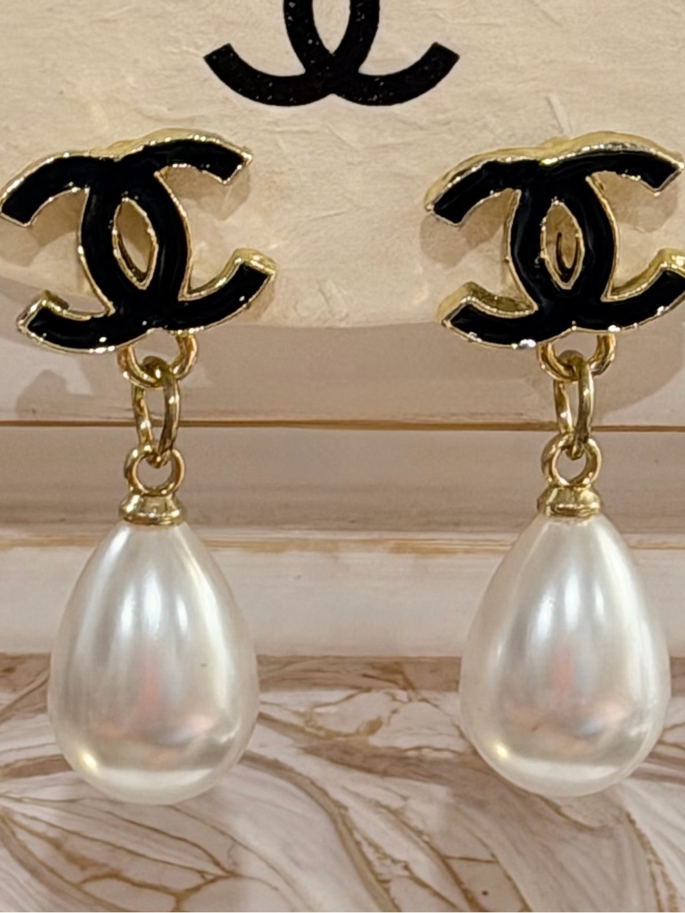 Black Enamel CC Faux Pearl Drop Earrings Gold Tone | New + Mini Storage Box
